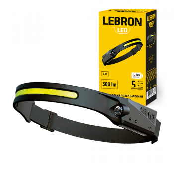 LED ліхтар налобний акумуляторний LEBRON L-HLS-10157, ABS+силікон, 3W, 6500K, 1200mAh Li-Ion, чорний, шнур Type-C/USB