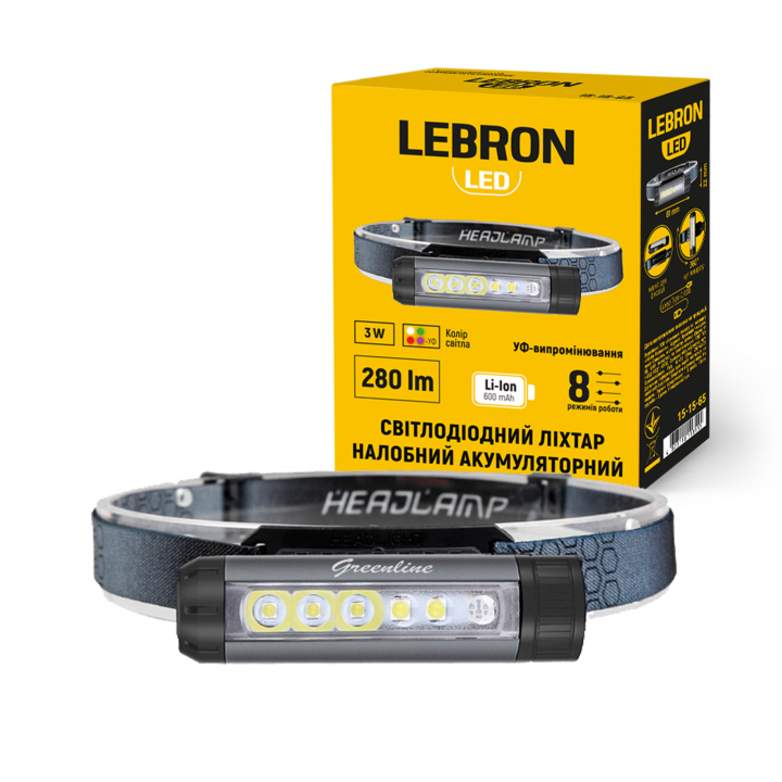LED ліхтар налобний LEBRON L-HL-10262, ABS+алюміній, 3W, 10000K, Li-Ion 600mAh , шнур Type-C/USB