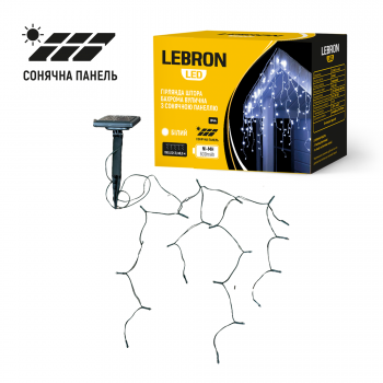 LED гірлянда LEBRON штора 2,1х0,5м, 110LED, з сонячною панеллю, Ni-MH 600mAh, біла, IP44