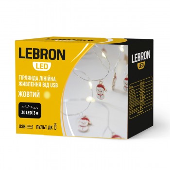 LED гірлянда LEBRON L-CL-2028 лінійна 3м, 30LED, метал. сніговик, IP20, USB, Пульт ДК