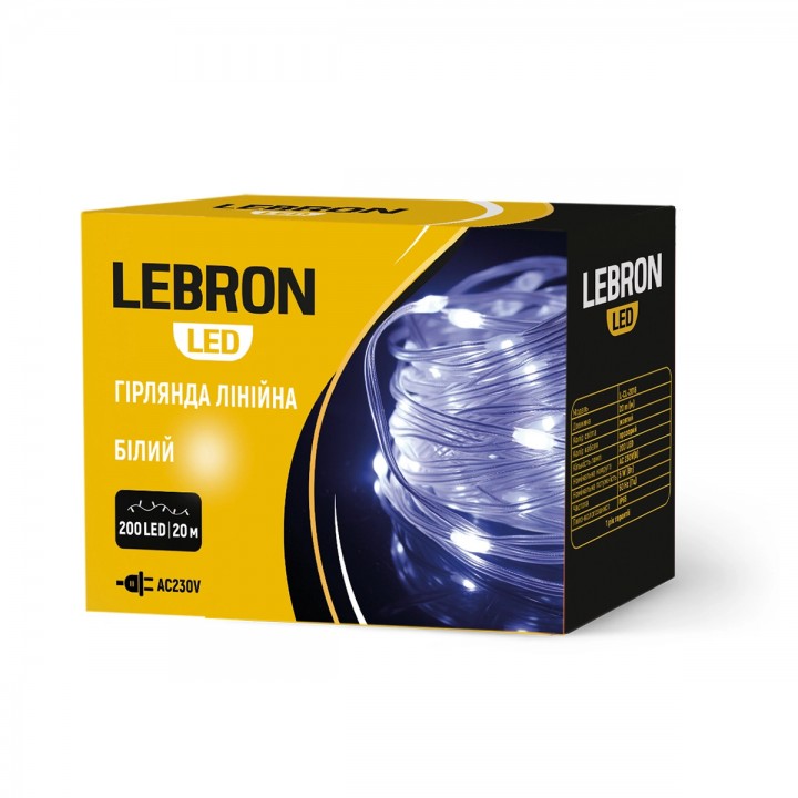 LED гірлянда LEBRON L-CL-2017 лінійна 20м, 200LED, холодний колір, IP65, 230V