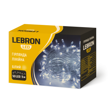 LED гірлянда LEBRON лінійна 5м, 50LED, біла, IP20, прозорий кабель