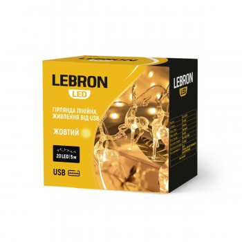 LED гірлянда LEBRON L-CL-3219 лінійна 5м, 20LED, теплий колір, олені, IP20, USB