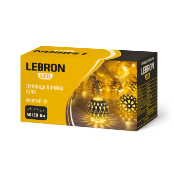 LED гірлянда LEBRON лінійна 6м, куля в метал. 40LED, жовта, IP20