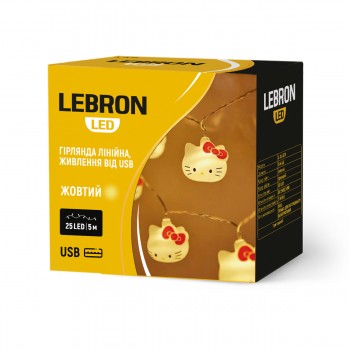 LED гірлянда LEBRON L-CL-3653 лінійна 5м, 25LED, теплий колір, HELLO KITTY, IP20, USB