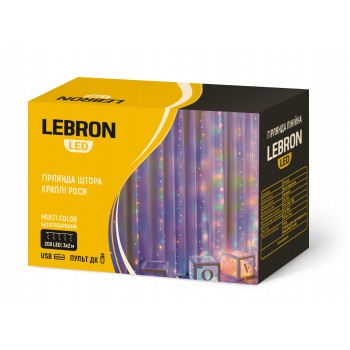 LED гірлянда LEBRON штора 3х2м, краплі роси, 200LED, мультиколор, USB, пульт ДК, IP20