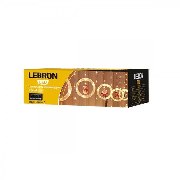 LED гірлянда LEBRON L-CL-3103 штора 2,7х0,5м, 145LED, теплий колір, IP20, USB, Пульт ДК