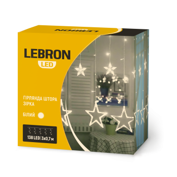 LED гірлянда LEBRON штора 3х0,7м, зірка 138LED, біла, IP20