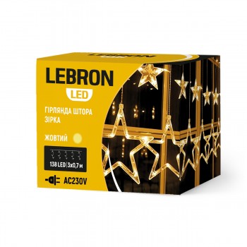 LED гірлянда LEBRON штора 3х0,7м, зірка 138LED, жовта, IP20
