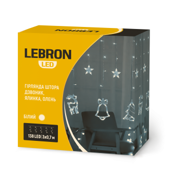LED гірлянда LEBRON штора 3х0,7м, ялинка, дзвоник, олень 138LED, біла, IP20