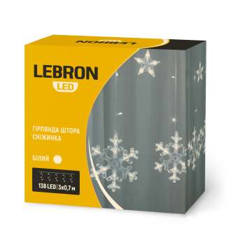 LED гірлянда LEBRON штора 3х0,7м, сніжинка 138LED, біла, IP20