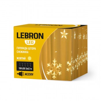 LED гірлянда LEBRON штора 3х0,7м, сніжинка 138LED, жовта, IP20