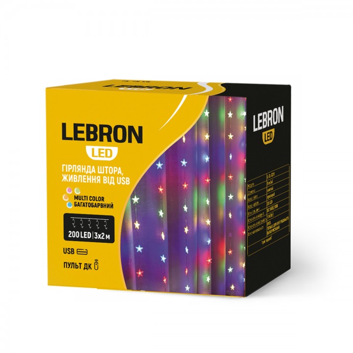 LED гірлянда LEBRON L-CL-2023 штора 3х2м, 200LED, мульти колір, IP20, USB, Пульт ДК