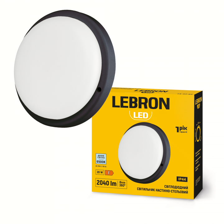LED світильник LEBRON L-WLR-2065, 20W, 6500K, ІР44, круглий, чорний, 230V