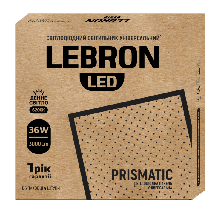 LED св-к LEBRON L-LPU-Prismatic, 36W, унів., 595*595mm, 4000K, 3000Lm, 4шт