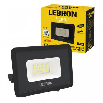 LED прожектор LEBRON L-LF-1062Bl, 10W, 6200K, IP65, чорний, 230V