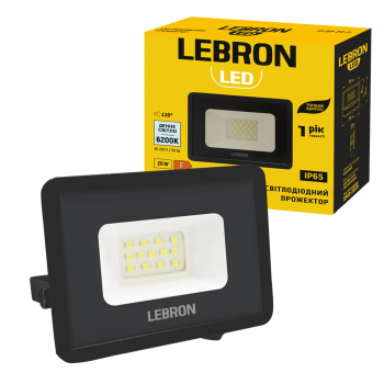 LED прожектор LEBRON L-LF-2062Bl, 20W, 6200K, IP65, чорний, 230V