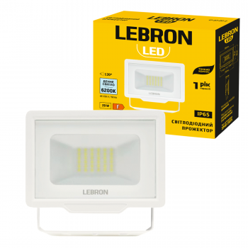 LED прожектор LEBRON L-LF-2062Wh, 20W, 6200K, IP65, білий, 230V