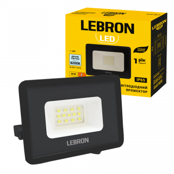 LED прожектор LEBRON L-LF-3062Bl, 30W, 6200K, IP65, чорний, 230V