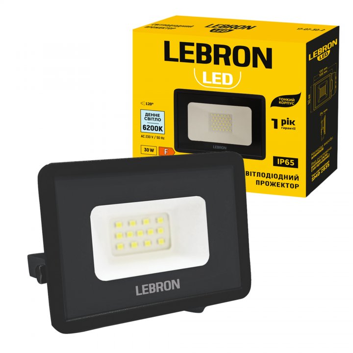 LED прожектор LEBRON L-LF-3062Bl, 30W, 6200K, IP65, чорний, 230V