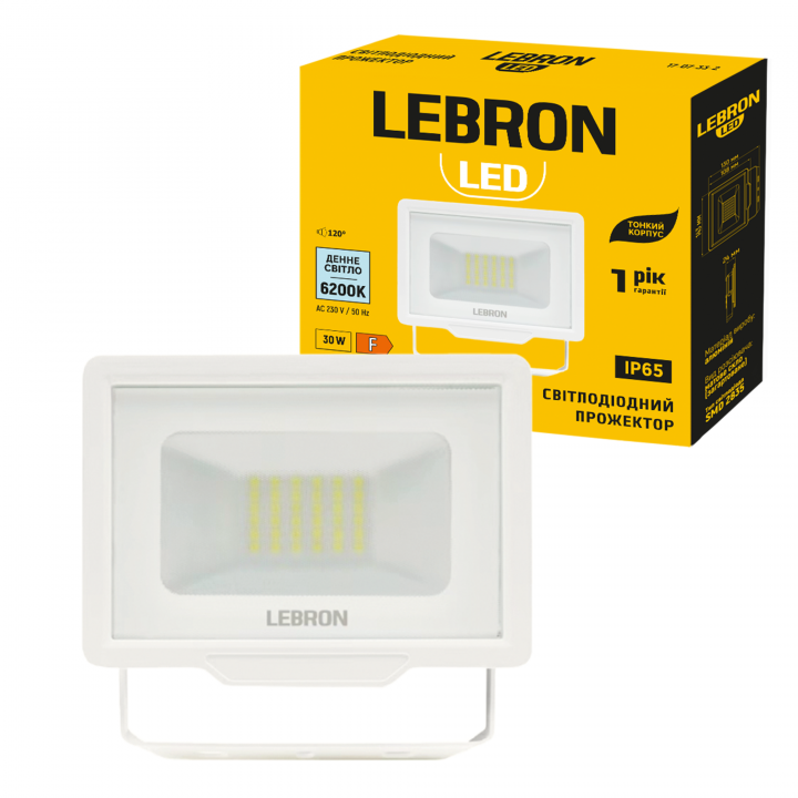 LED прожектор LEBRON L-LF-3062Wh, 30W, 6200K, IP65, білий, 230V