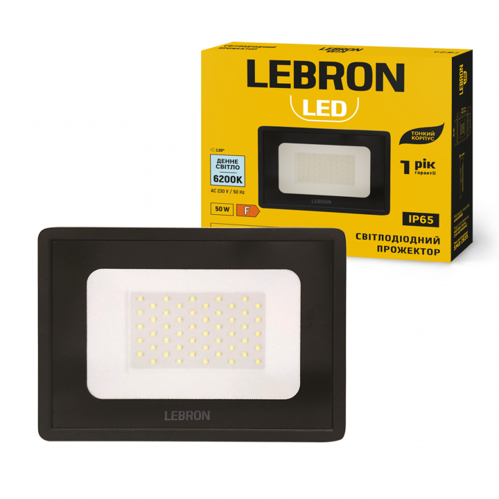 LED прожектор LEBRON L-LF-5062Bl, 50W, 6200K, IP65, чорний, 230V