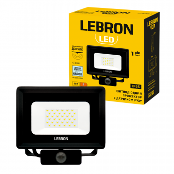 LED прожектор LEBRON L-LF-S-2065, 20W, 6500K, IP65, датчик руху, 230V