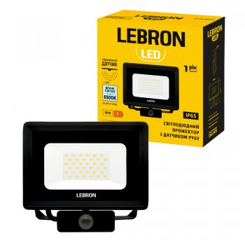 LED прожектор LEBRON L-LF-S-5065, 50W, 6500K, IP65, датчик руху, 230V