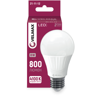LED лампа VELMAX V-A60, 8W, E27, 4100K, 800Lm, EMC