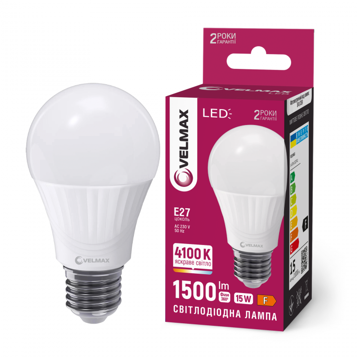 LED лампа VELMAX V-A70-152741, 15W, E27, 4100K, 230V