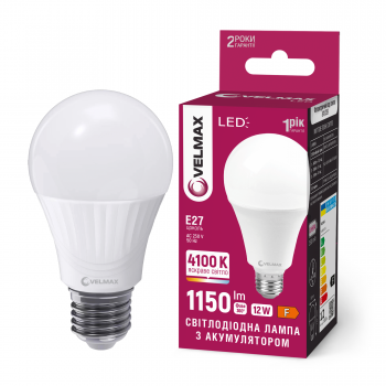 LED лампа з акумулятором VELMAX V-A80-1241, 12W, Е27, 4100K, 2500mAh, 230V