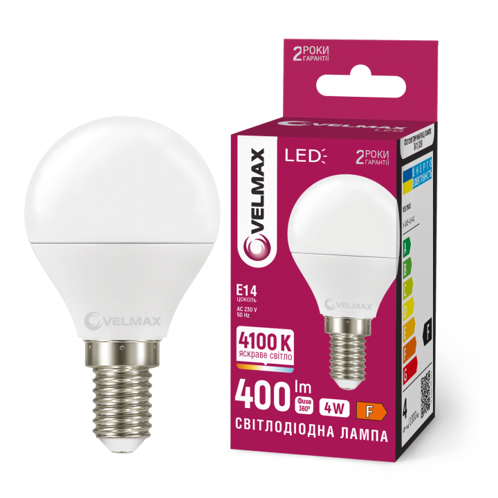 LED лампа VELMAX V-G45-41441, 4W, E14, 4100K, 230V