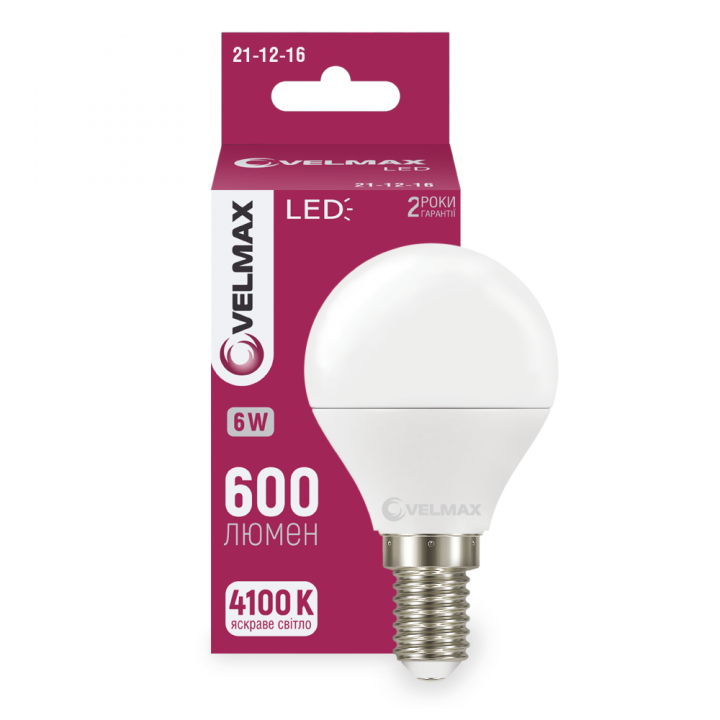 LED лампа VELMAX V-G45, 6W, E14, 4100K, 230V