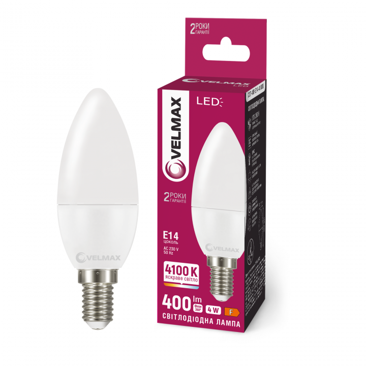 LED лампа VELMAX V-C37-41441, 4W, E14, 4100K, 230V