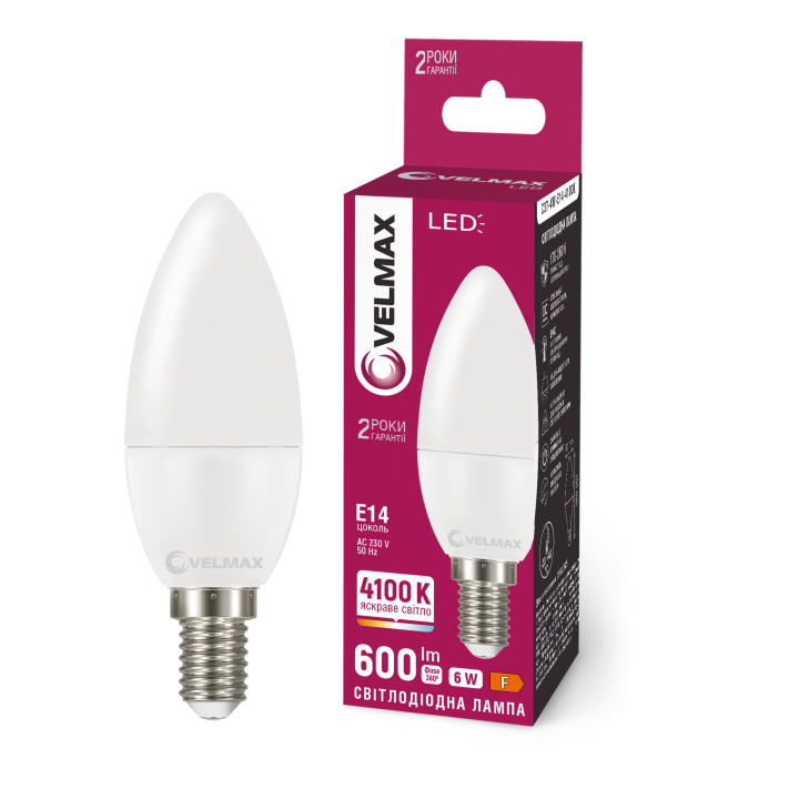 LED лампа VELMAX V-C37-61441, 6W, E14, 4100K, 230V