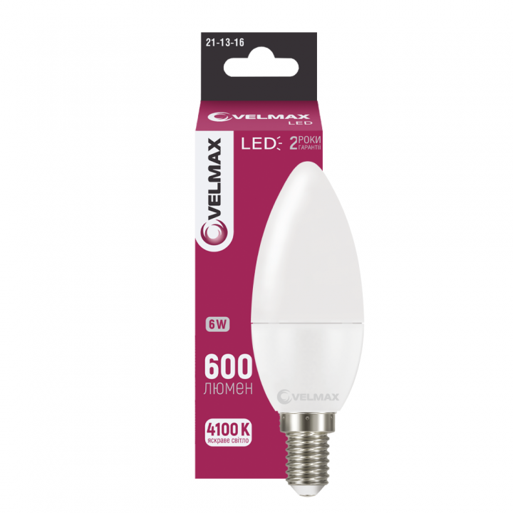 LED лампа VELMAX V-C37, 6W, E14, 4100K, 230V