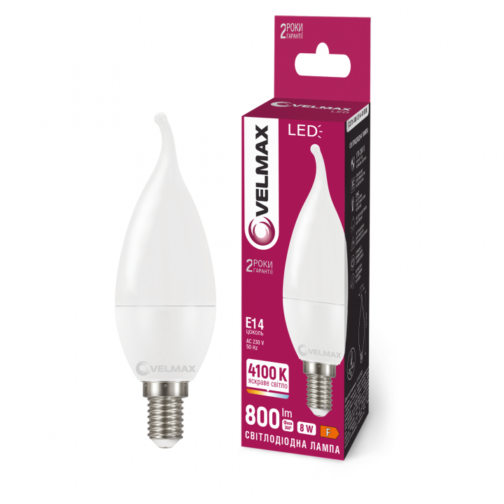 LED лампа VELMAX V-C37t-81441, 8W, Е14, 4100K, 230V