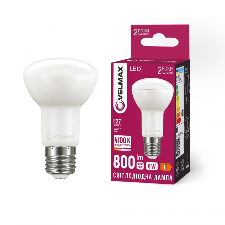 LED лампа VELMAX V-R63-82741, 8W, E27, 4100K, 230V