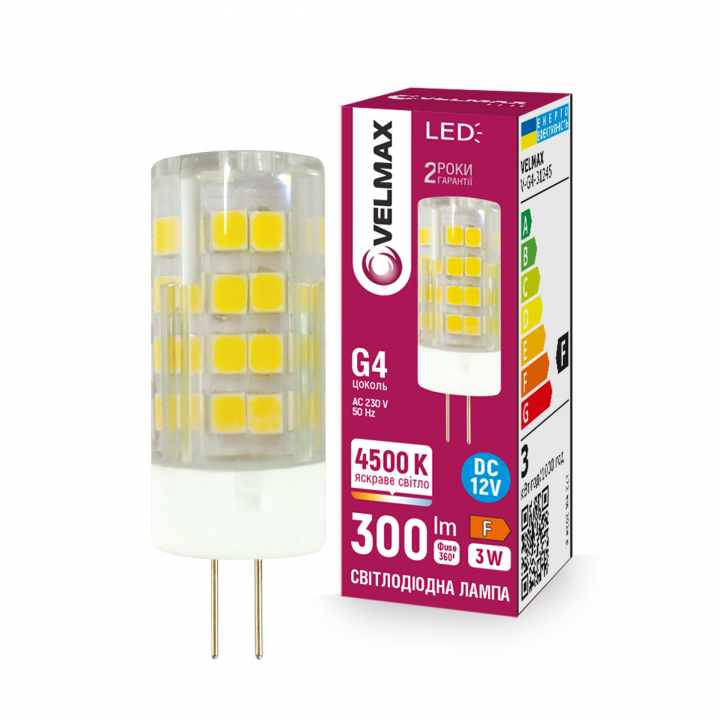 LED лампа VELMAX V-G4-31245, 3W, G4, 4500K, 12V