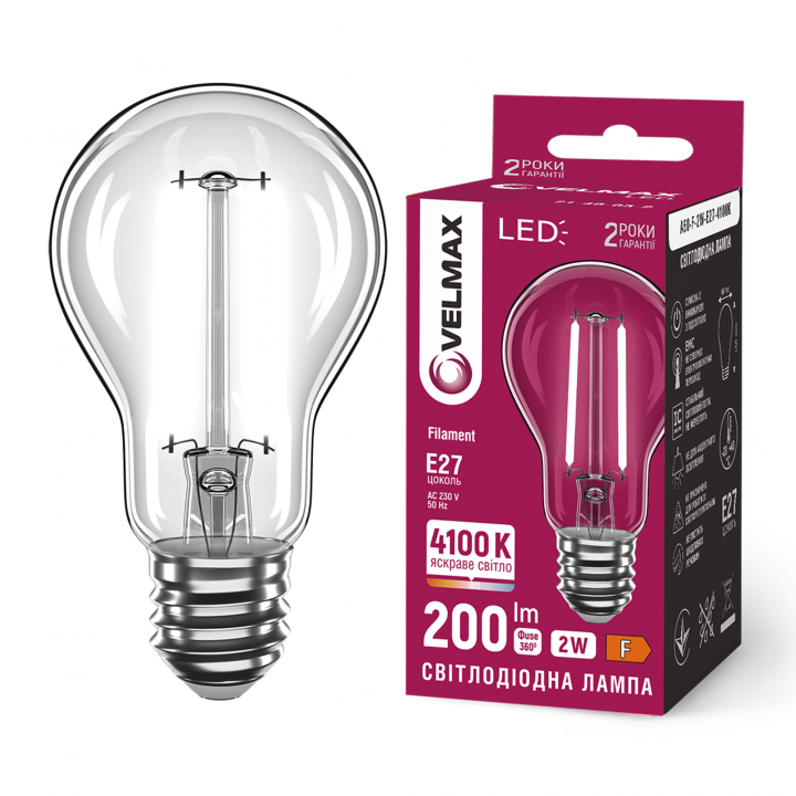 LED лампа VELMAX Filament V-F-A60-241, 2W, E27, 4100K, 230V