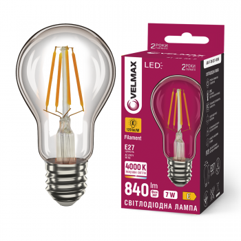 LED лампа VELMAX Filament V-F-A60-740, 7W, E27, 4000K, 230V