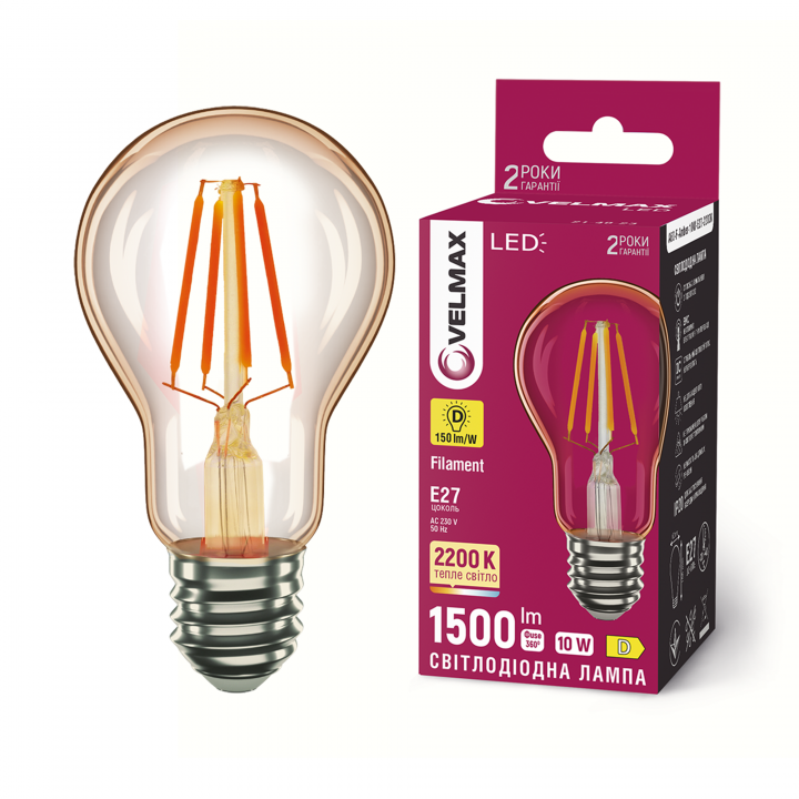LED лампа VELMAX Filament-Amber V-FA-A60-1022, 10W, E27, 2200K, 230V