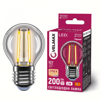 LED лампа VELMAX Filament V-F-G45-227, 2W, E27, 2700K, 230V