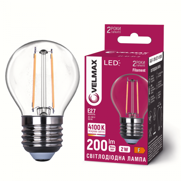 LED лампа VELMAX Filament V-F-G45-241, 2W, E27, 4100К, 230V