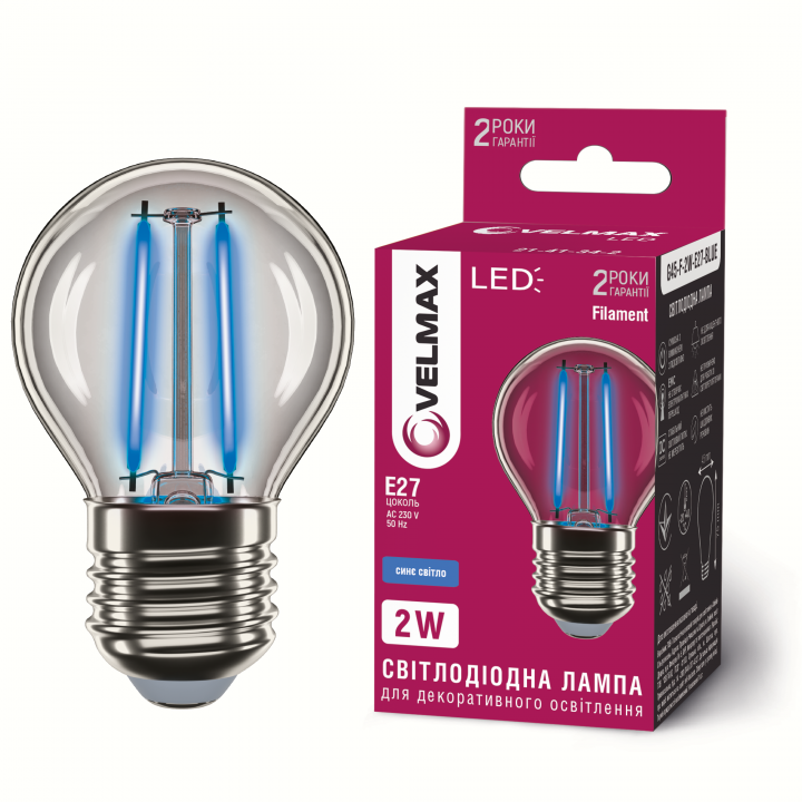 LED лампа VELMAX Filament V-F-G45-2-BLUE, 2W, E27, 230V