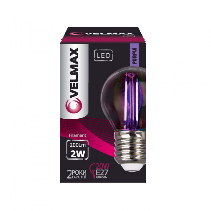 LED лампа VELMAX V-Filament-G45, 2W, E27, фіолетовий, 200Lm