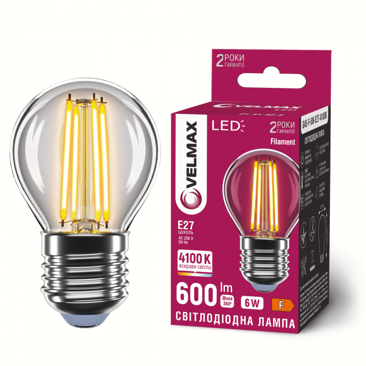 LED лампа VELMAX Filament V-F-G45-641, 6W, E27, 4100K, 230V