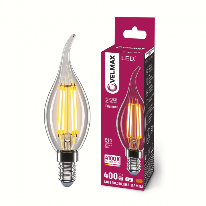 LED лампа VELMAX Filament V-F-C37t-441, 4W, E14, 4100K, 230V