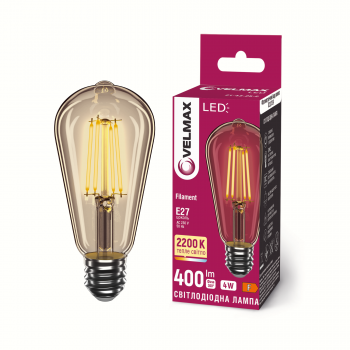 LED лампа VELMAX Filament-Amber V-FA-ST64-422, 4W, E27, 2200K, 230V
