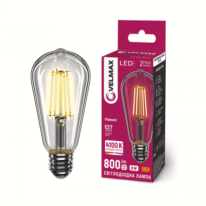 LED лампа VELMAX Filament V-F-ST64-841, 8W, E27, 4100K, 230V